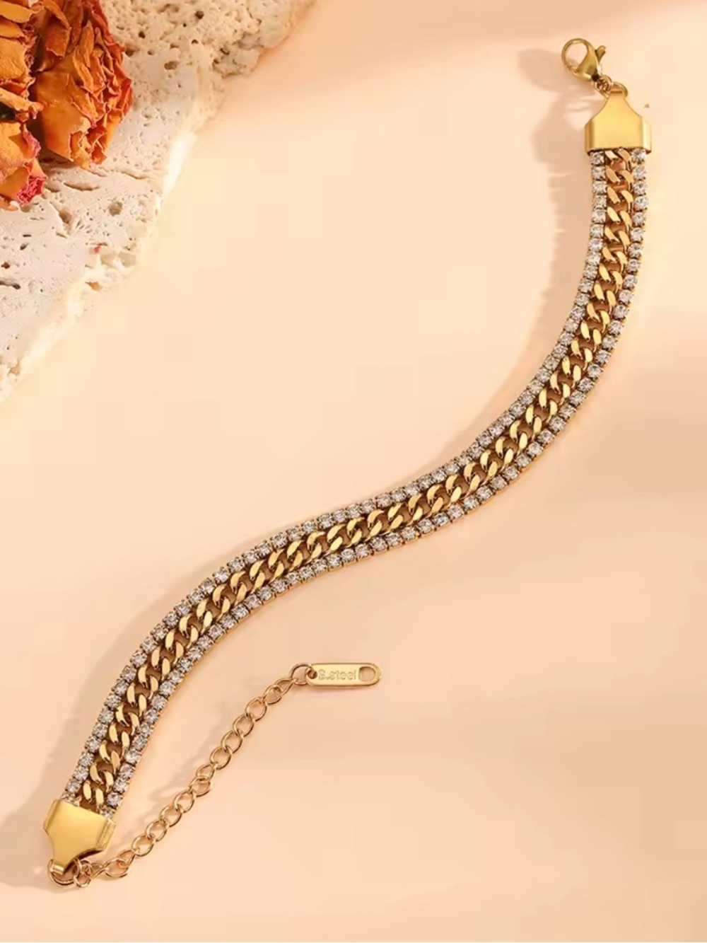 18K Gold Plated Stainless Steel Three Layers Bracelet Shiny Cubic Zirconia - Picture 3 of 8